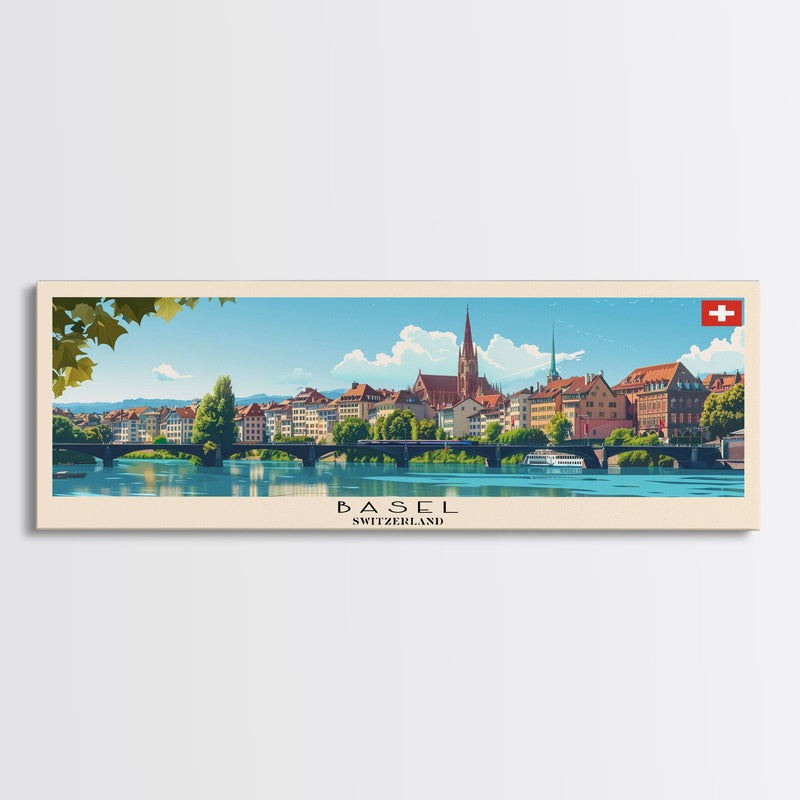 Basel SwitzerlandTravel Art, City Art, Framed Canvas Print or Metal Wall Art, Europe Travel Poster, Panoramic Wall Art, Extra Wide Wall Art