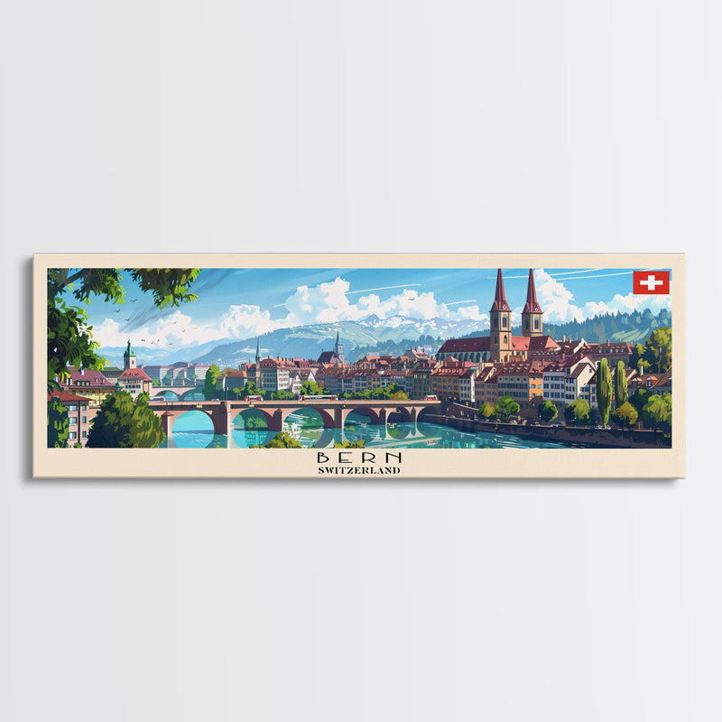 Bern Switzerland Travel Art, City Art, Framed Canvas Print or Metal Wall Art, Europe Travel Poster, Panoramic Wall Art, Extra Wide Wall Art