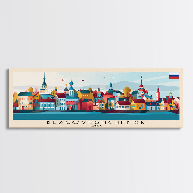 Blagoveshchensk Russia Travel Art, City Art, Framed Canvas Print or Metal Wall Art, Europe Travel Poster, Panoramic Wall Art, Extra Wide Wall Art