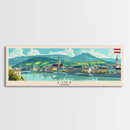 Linz Austria Panoramic Travel Poster, Framed Canvas Print or Metal Wall Art, Travel Art, Home Decor, Panoramic Painting, Midcentury Art