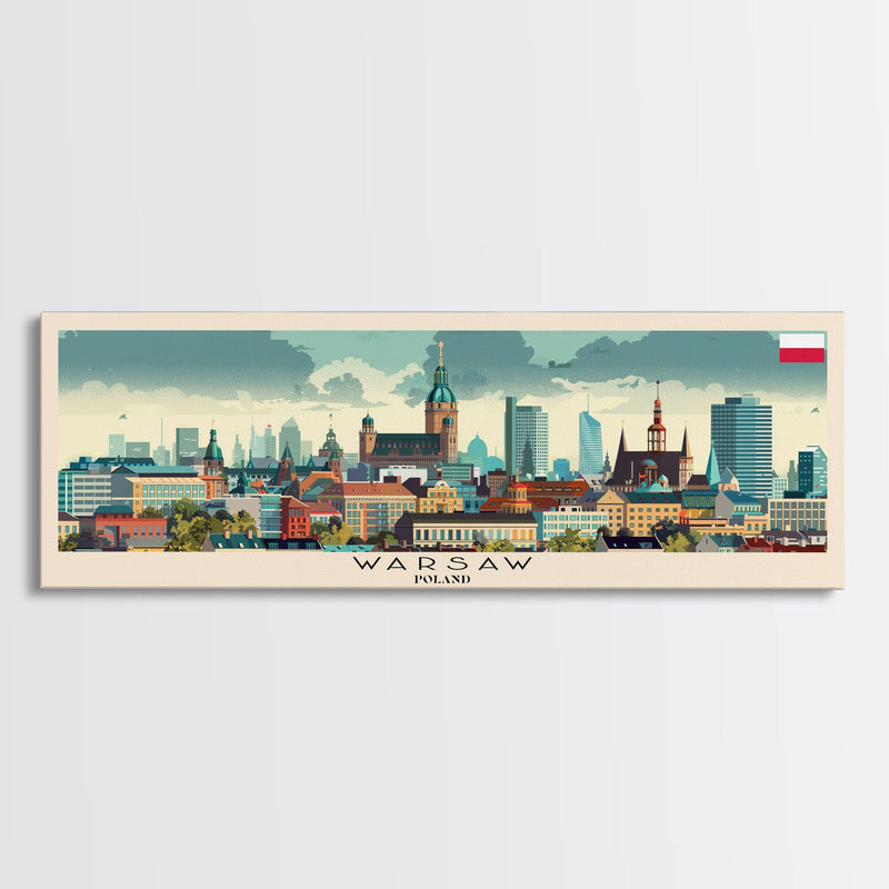 Warsaw Poland Travel Art, City Art, Framed Canvas Print or Metal Wall Art, Europe Travel Poster, Panoramic Wall Art, Extra Wide Wall Art