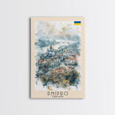 Dnipro Ukraine Urban Landscape Framed Canvas Print, Watercolor Travel Poster, Eastern European Wall Art, Elegant Home Decor, Retro Cityscape Art, Living Room Accent