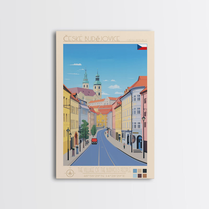 ÄŒeskÃ© BudÄ›jovice Czech Republic Travel Poster Framed Canvas Print, Midcentury Modern Art, Pop Art Decor, Living Room Wall Art