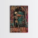 Halloween Skeleton Playing Violin, Framed Canvas Print, Wall Art, Living Room Decor, Spooky, Skeleton Art, Original Painting