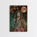 Ghostly Witch With Red Apple, Framed Canvas Print, Wall Art, Spooky Decor, Halloween Decoration, Living Room Art, Unique Gift