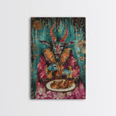 A demon eating some hot wings - hope he didn't sell his soul for them they look pretty good! Halloween Wall Art Framed Canvas