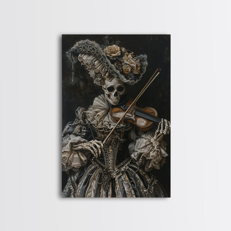 Victorian Skeleton Violinist Framed Canvas Print, Halloween Art, Creepy Wall Art, Spooky Home Decor, Scary Art, Gothic Living Room Decor