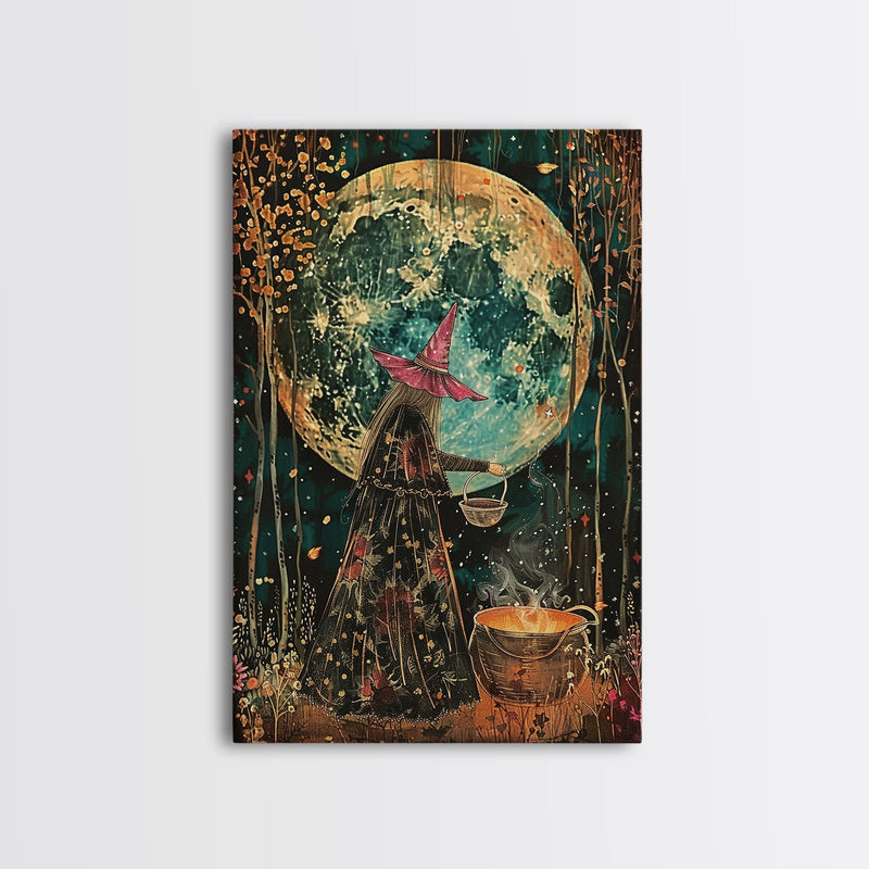 Witch Preparing Spell Under Full Moon Framed Canvas Print | Halloween Witch Art | Enchanted Witch Decor for Home | Halloween Artwork