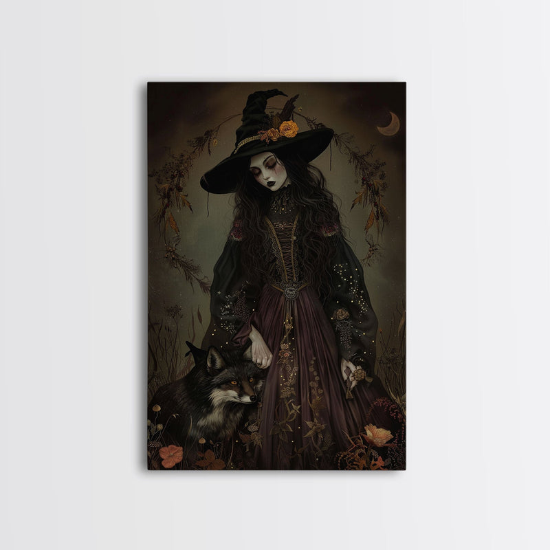 Witch and Fox Framed Canvas Print, Melancholic Witch Painting, Halloween Decor, Witchy Art, Spooky Vibes, Moody Decor