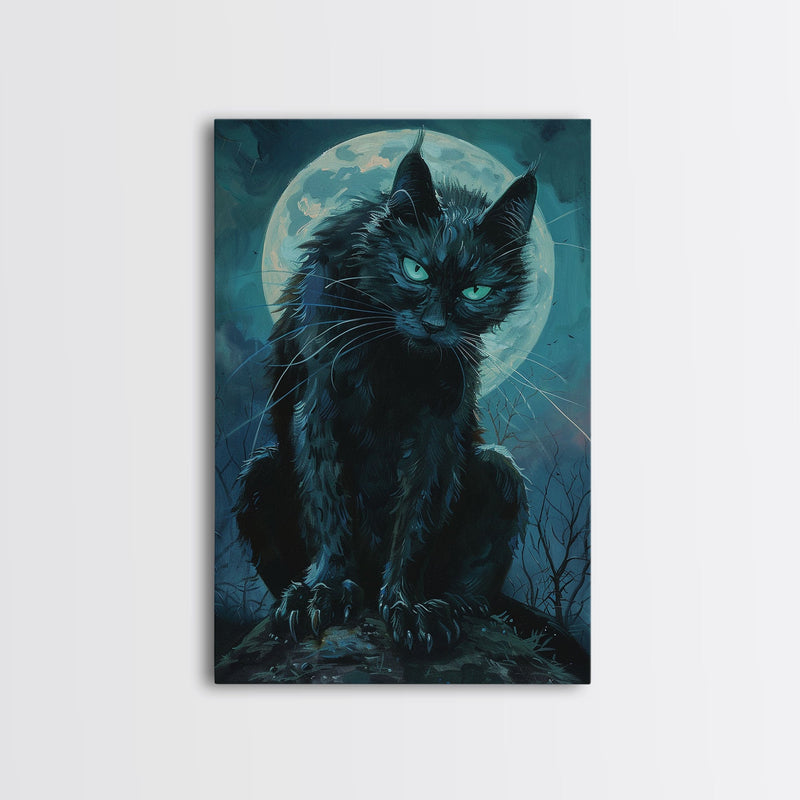 Black Cat with Piercing Eyes Against Full Moon | Halloween Wall Art | Spooky Home Decor | Creepy Black Cat Painting | Framed Canvas Print