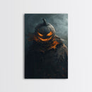 Menacing Pumpkin Head Monster Emerging from Fog - Creepy Halloween Horror Artwork Framed Canvas Print, Spooky Gothic Home Wall Decor