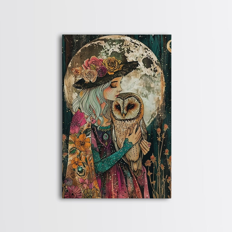 Witch Holding Owl Under Full Moon Glow - Enchanting Halloween Night Framed Canvas Print, Spooky Gothic Home Decor