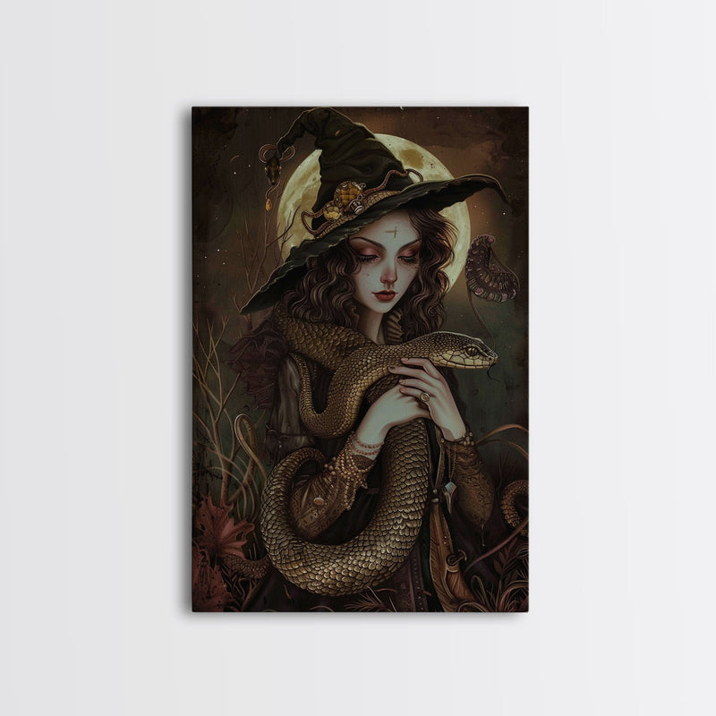 Witch Holding Snake under Full Moon - Dark Forest Sorcery Gothic Art Framed Canvas Print, Halloween Witchy Decor