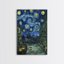 Spooky Night Train Arrival Framed Canvas Print, Halloween Wall Art, Haunted Train Artwork, Eerie Station Decor, Ghostly Home Art