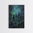 Spooky Cemetery with Glowing Lights Framed Canvas Print, Wall Art, Halloween Graveyard Art, Eerie Home Decor, Haunted Forest Painting