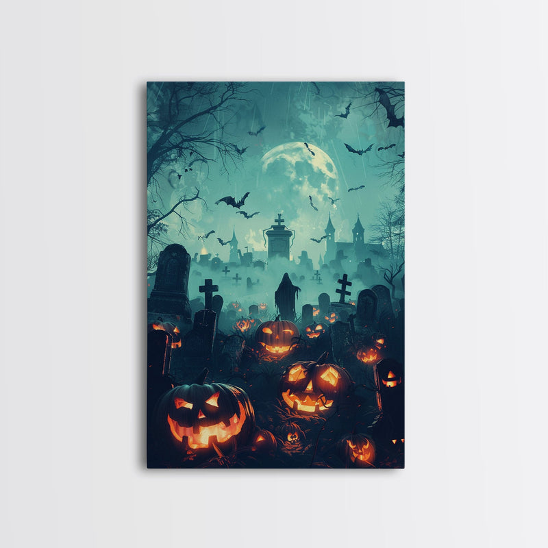 Bats and Jack-O-Lanterns Framed Canvas Print, Halloween Wall Art, Haunted Graveyard, Home Decor, Spooky Art, Living Room Decor, Gothic Art