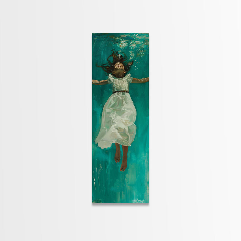 Abstract Modern Canvas Art of Woman Underwater, Ocean Wall Art, Coastal Wall Art Print, Oversized Tall and Narrow Canvas Art