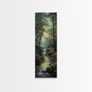 Peaceful Forest Stream in the Early Morning Light, Skinny and Tall Art, Framed Canvas Print, Cozy Wall Art Decor