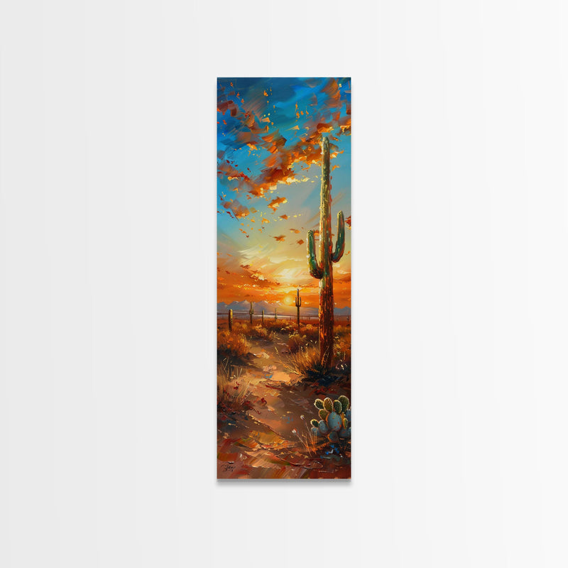 Arizona Desert Landscape with Saguaro Cactus at Sunset on a Framed Canvas Print Skinny Art Piece