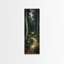 Mysterious Birch Forest Path Tall Skinny Art Framed Canvas Print for Serene and Calming Wall Decor in Homes or Offices