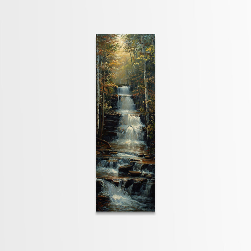 Beautiful Stream Cascading Waterfalls In The Forest at Golden Hour, Framed Canvas Print, Boho Style Landscape Painting Print