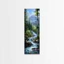Majestic Mountain Stream In A Serene Forest Landscape, Farmhouse And Minimalist Art Style, Boho Wall Art In Tall Canvas Print
