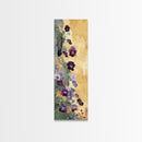 Deep Purple Pansy Flowers Against Textured Gold Background on Tall Vertical Canvas Print for Rich Floral Wall Decor