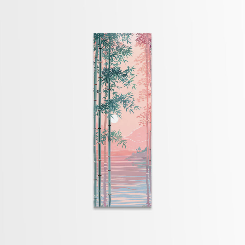 Bamboo Forest, Soft Pink Light, Japanese Art, Skinny Art, Tall Art, Framed Canvas Print, Ukiyo-e Style