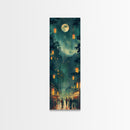 Framed Canvas Print Of A Nighttime Japanese Festival Scene With Lanterns And Pine Trees, Traditional Wall Art Ready To Hang