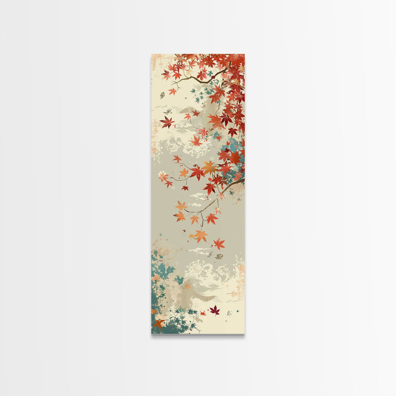 Autumn Maple Leaves in Japanese Garden Ukiyo-e Style Art Skinny Framed Canvas Print with Subtle Color Palette