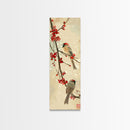 Skinny Art Sparrows And Cherry Blossoms In Japanese Style Wood Block Print Gentle Color Palette On Framed Canvas Print, Tall Art Ukiyo-e
