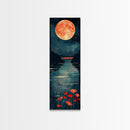 Skinny Art Full Moon Over Lake In Japanese Style Wood Block Print Vibrant Night Scene On Framed Canvas Print, Tall Art Ukiyo-e