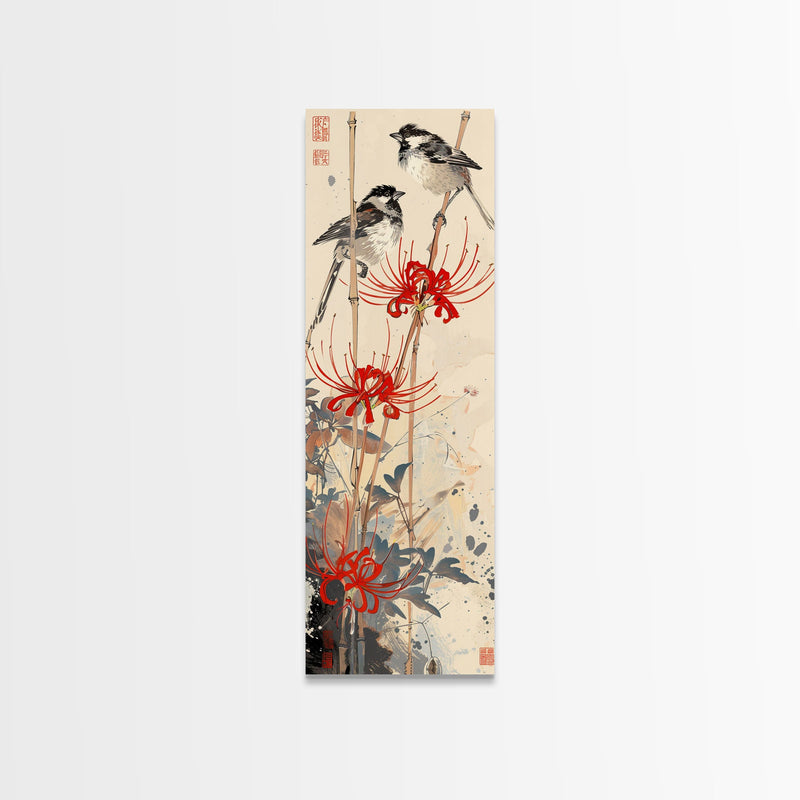 Blossoming Pink Flowers Bold Red Accents Skinny Art Tall Art Framed Canvas Print Japanese Style Art Ukiyo-e Art Wood Block Print Feminine