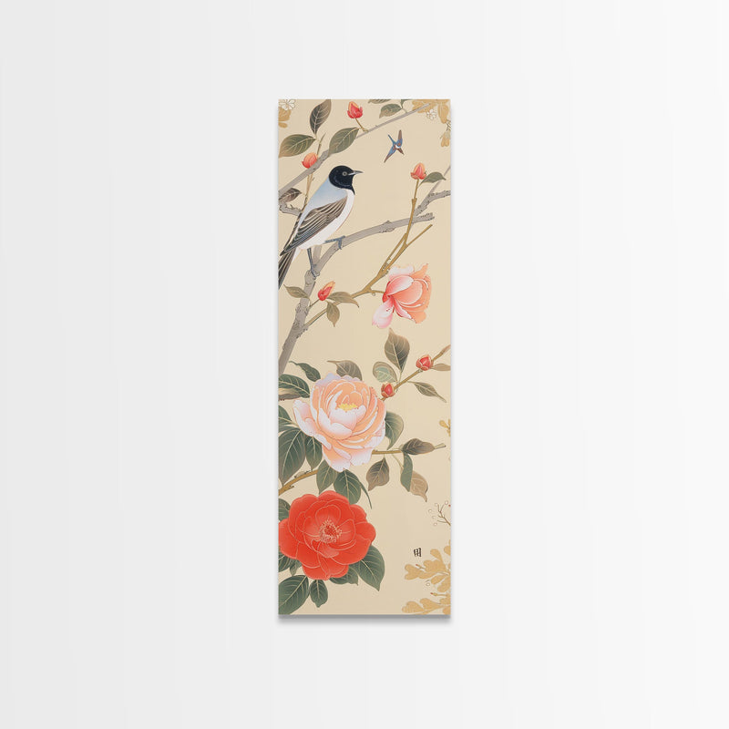 Bird On Branch With Red Peonies And Green Leaves Tall Art Skinny Art Framed Canvas Print Japanese Style Art Ukiyo-e Wood Block Print