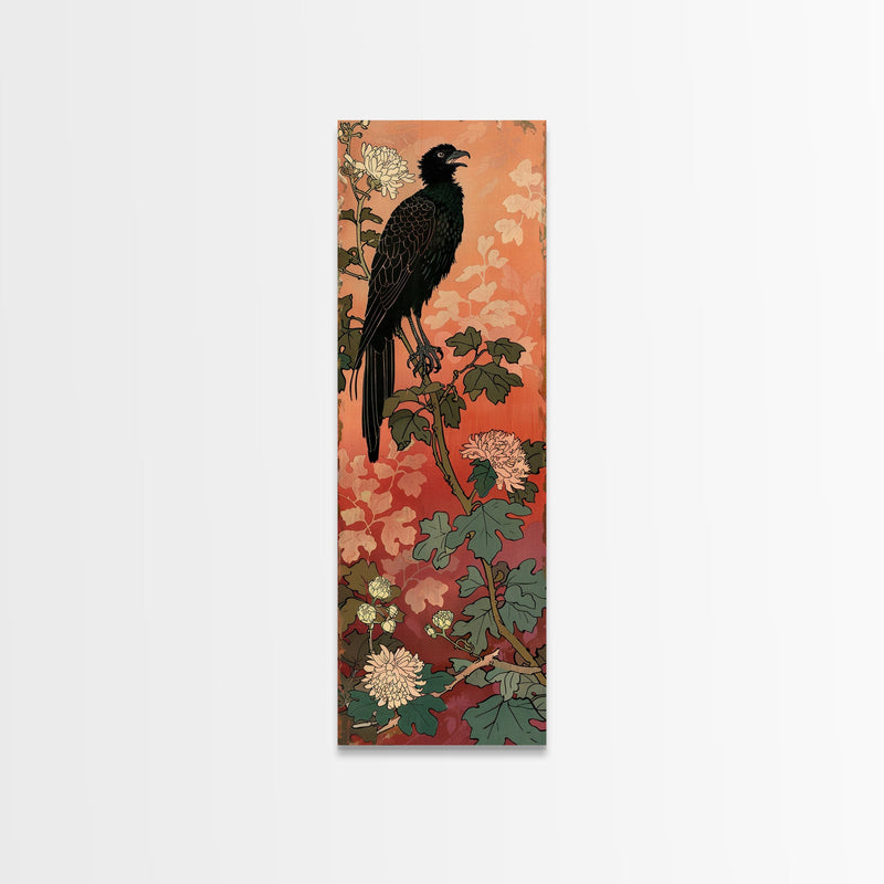 Black Bird On Flowering Branch With Orange Background Tall Art Skinny Art Framed Canvas Print Japanese Style Art Ukiyo-e Wood Block Print