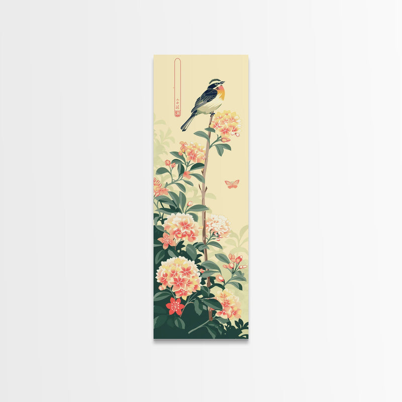 Bird Perched On Floral Branch With Butterfly Ukiyo-e Art Framed Canvas Print Japanese Style Tall Art Wood Block Print Skinny Art