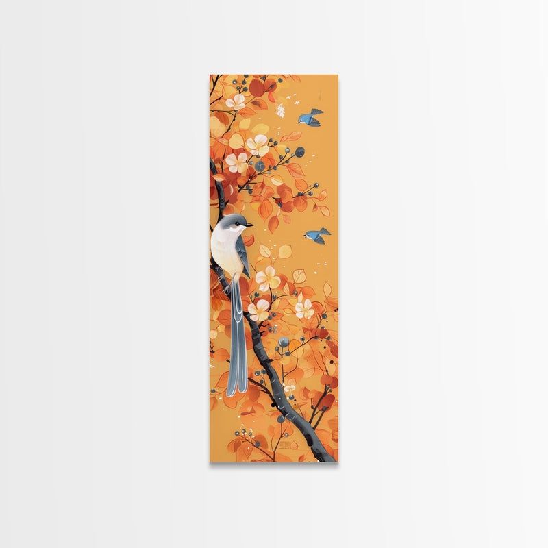 Birds Among Autumn Leaves Japanese Style Tall Wall Art Skinny Framed Canvas Print Woodblock Print