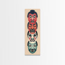 Bold Striking Japanese Kabuki Masks Vibrant Colors Depicted Traditional Style Tall Framed Canvas Print Cultural Home Decor