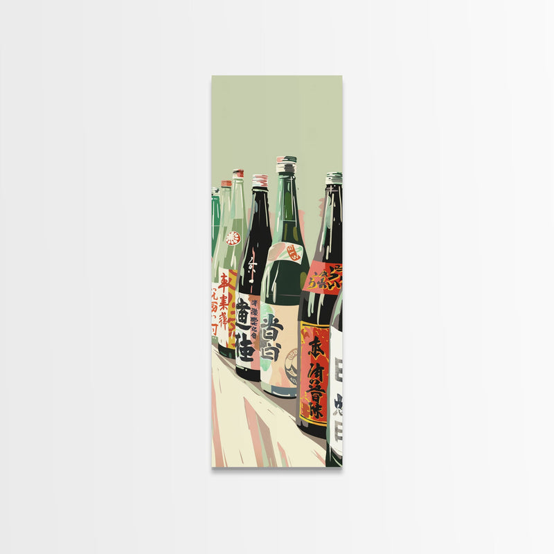 Array Of Japanese Sake Bottles With Minimalistic Labels Arranged Simple Composition Captured Tall Framed Canvas Print Bar Decor