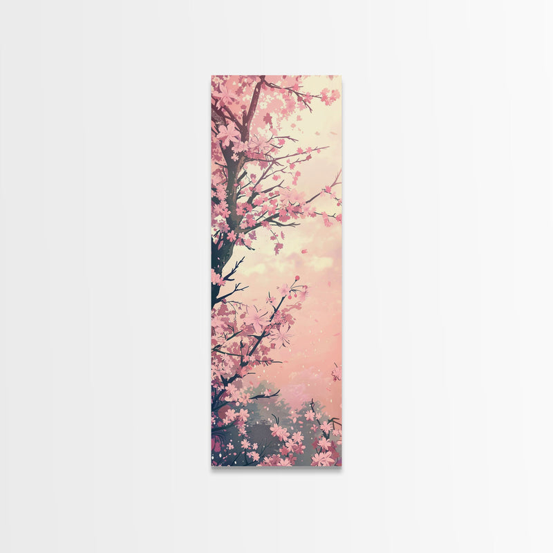 Beautiful Cherry Blossoms Blooming On Tree Branch Against Soft Pastel Background Captured Tall Framed Canvas Print Floral Home Decor