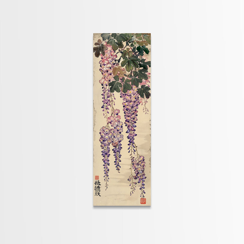 Wisteria Flowers Dangling Gracefully on a Textured Canvas Ukiyo-e Art Japanese Framed Canvas Print Skinny Tall Art