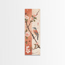Japanese Bird Art Skinny Wall Art Framed Canvas Print Perched Bird on Branch with Cherry Blossoms and Petals in Soft Pastel Colors