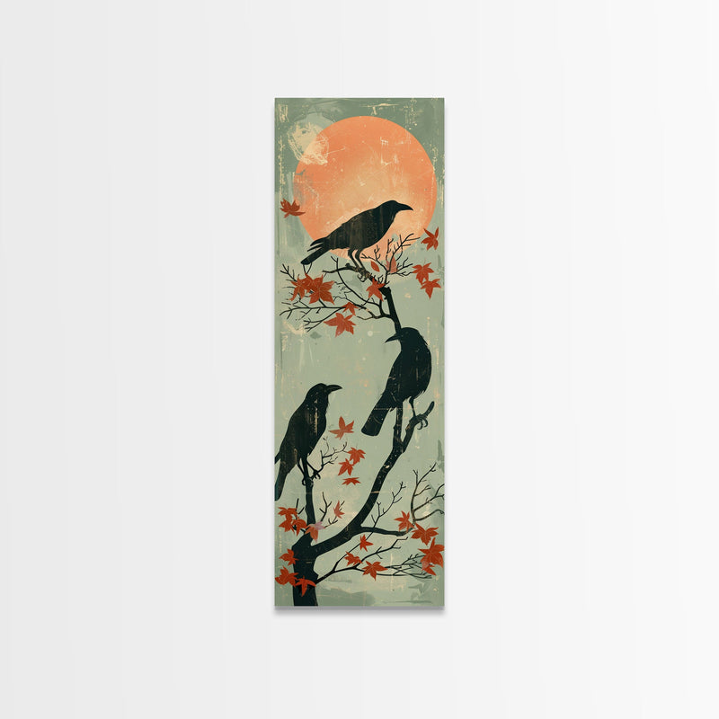 Black Crows Japanese Art Skinny Wall Art Framed Canvas Print on Branches with Red Maple Leaves Against Warm Orange Sun