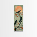 Black Crows Japanese Art Skinny Wall Art Framed Canvas Print on Branches with Red Maple Leaves Against Warm Orange Sun
