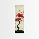 Red Maple Bonsai Tree Japanese Art Skinny Wall Art Framed Canvas Print with Windswept Branches and Red Leaves
