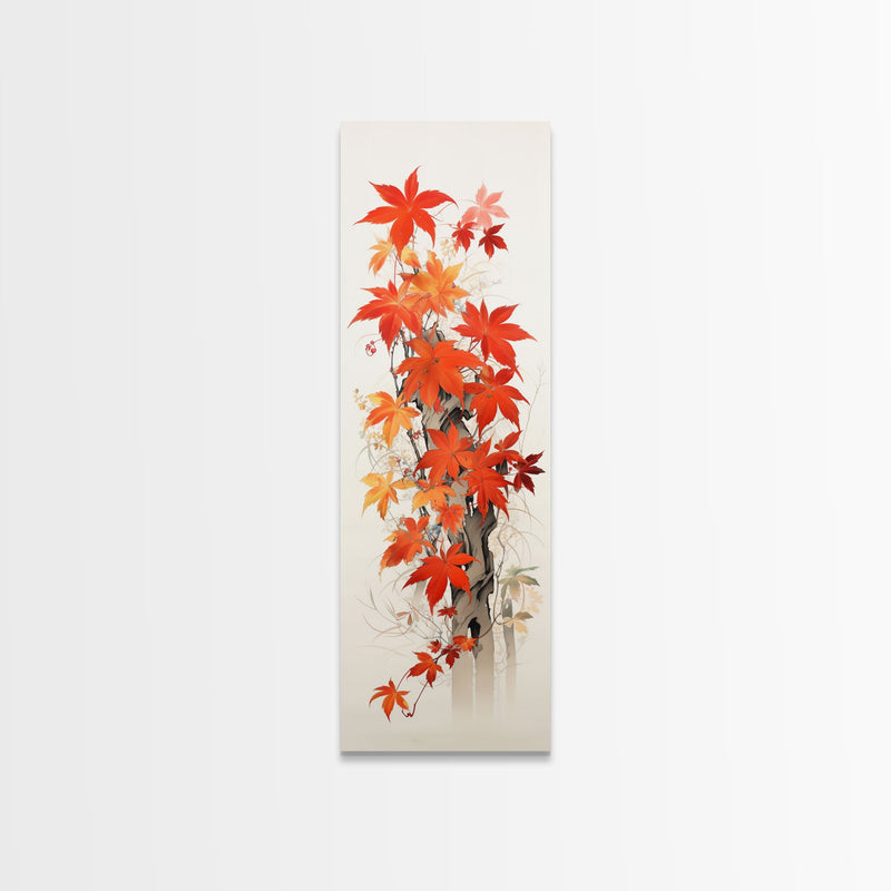 Brilliant Red Leaves On A Twisted Tree, Framed Canvas Print In Skinny Tall Style, Ideal For Feng Shui Wall Art In Japanese Style Art