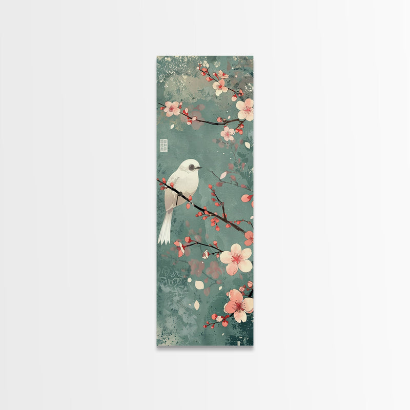 White Bird Perched On A Branch With Blossoms â€“ Framed Canvas Print Combining Skinny Art And Tall Art Inspired By Ukiyo-E Art And Japanese Style Art