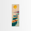 Rowboats And Golden Sun On Calm Water Skinny Art Wood Block Print Japanese Style Art Framed Canvas Print Tall Art Ukiyo-e Art