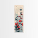 Hummingbird and Red Flowers Skinny Art Tall Art Japanese Ukiyo-e Inspired Nature Framed Canvas Print for Vibrant Interiors