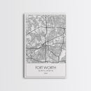Fort Worth Street Map, Texas Map, City Map Art, Minimalist Art, Wall Art, Canvas Print, Travel Wall Art, Gifts For Women, Man Cave Décor